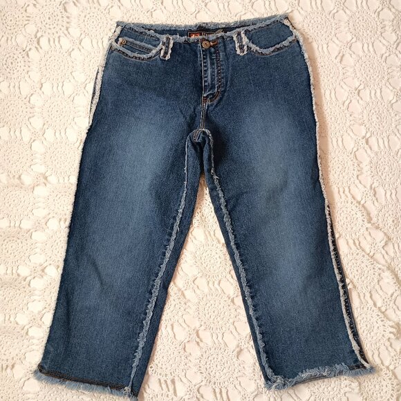 Vtg 90s Y2K Jeans Low Rise Fray Tattered Hem Medium Wash Blue Stretch 10 Women - Picture 1 of 8